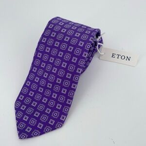 Eton Tie Mens One Size Purple White Patterned Silk Necktie England Made NWT